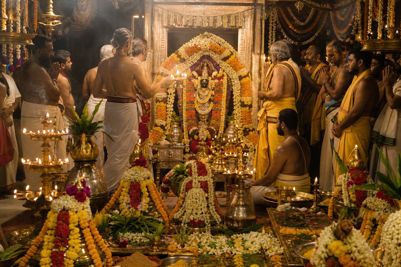 Hindu temple ritual with lamps, flowers, and devotion
