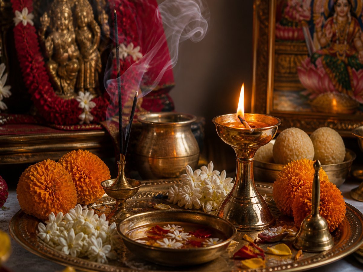 Lit diya, incense, and flower offerings for Hindu puja