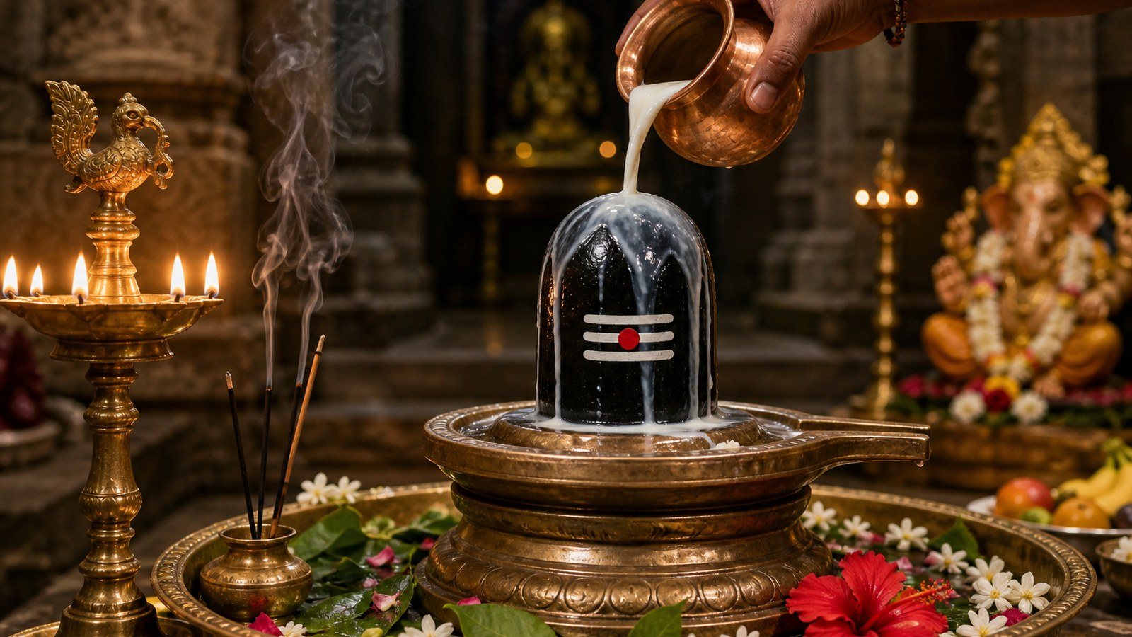 Shiva Lingam abhishekam with milk offering in a temple
