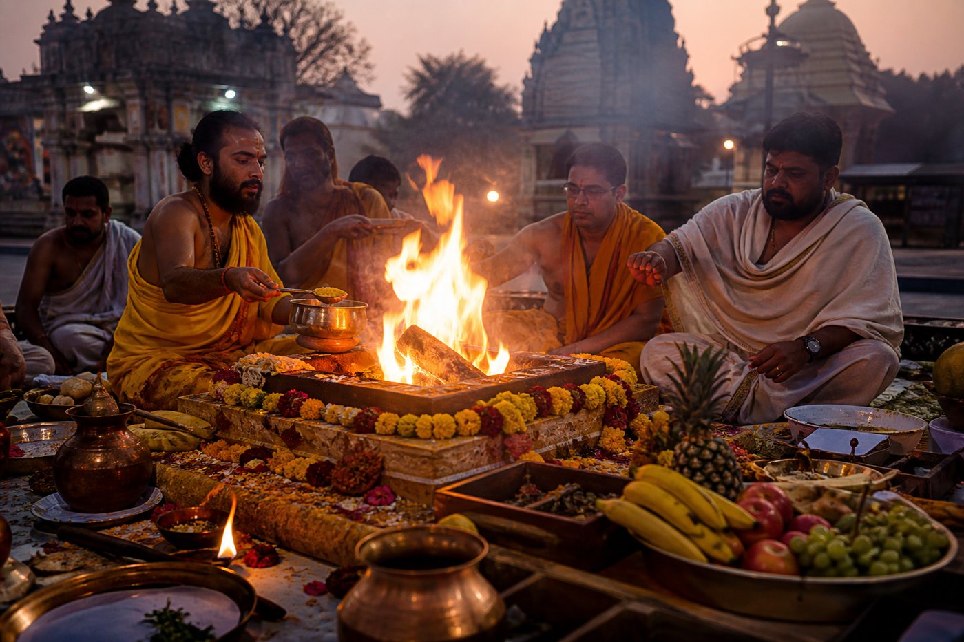 Vedic homa fire ritual with sacred offerings and flowers