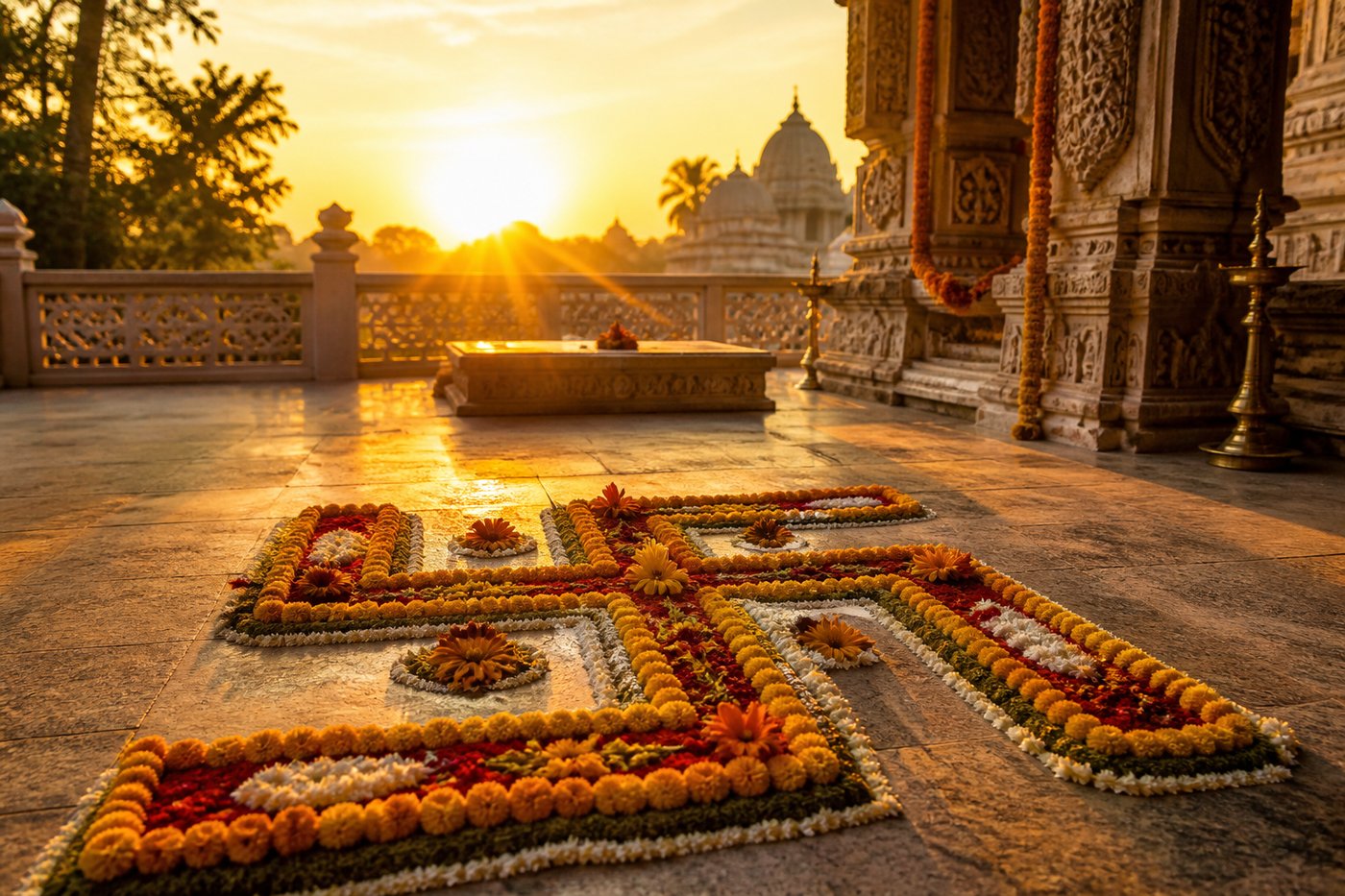 Sunrise over sacred river and temple ghats for well-being